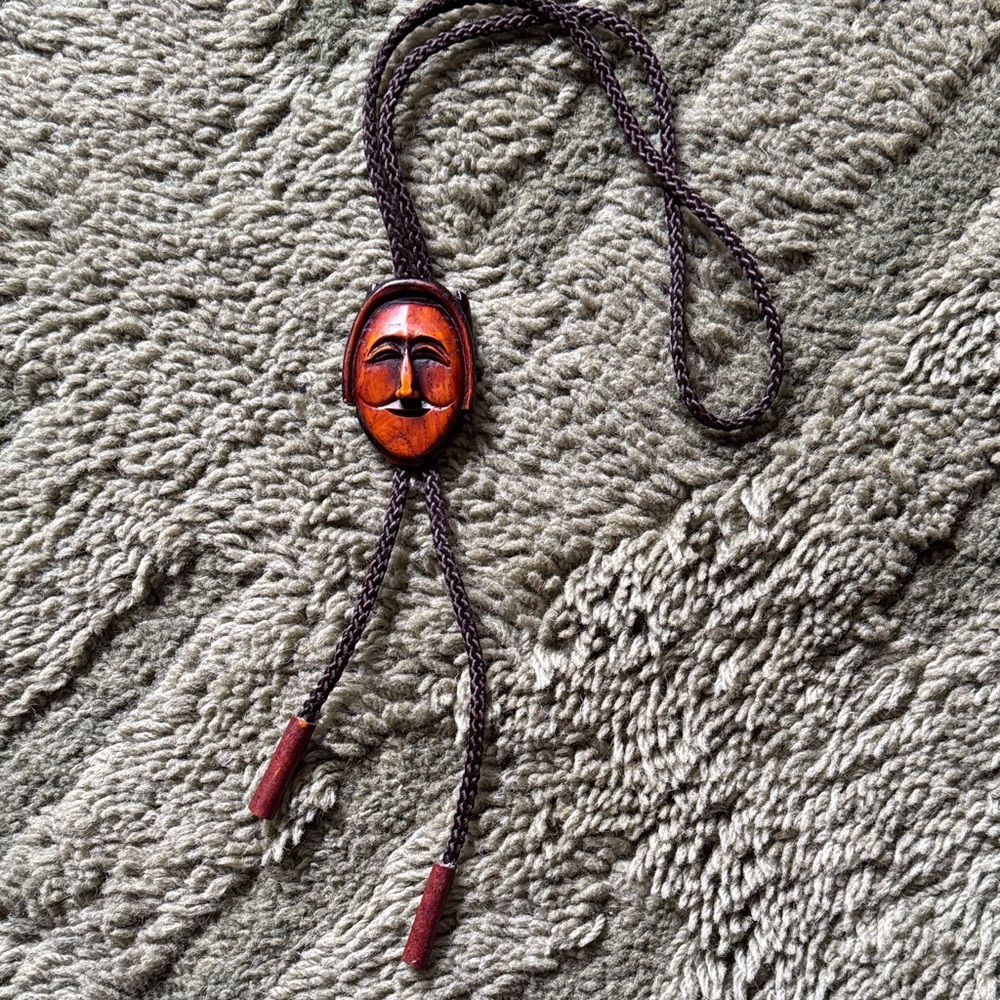Vintage Handcrafted Wooden Face Bolo Tie